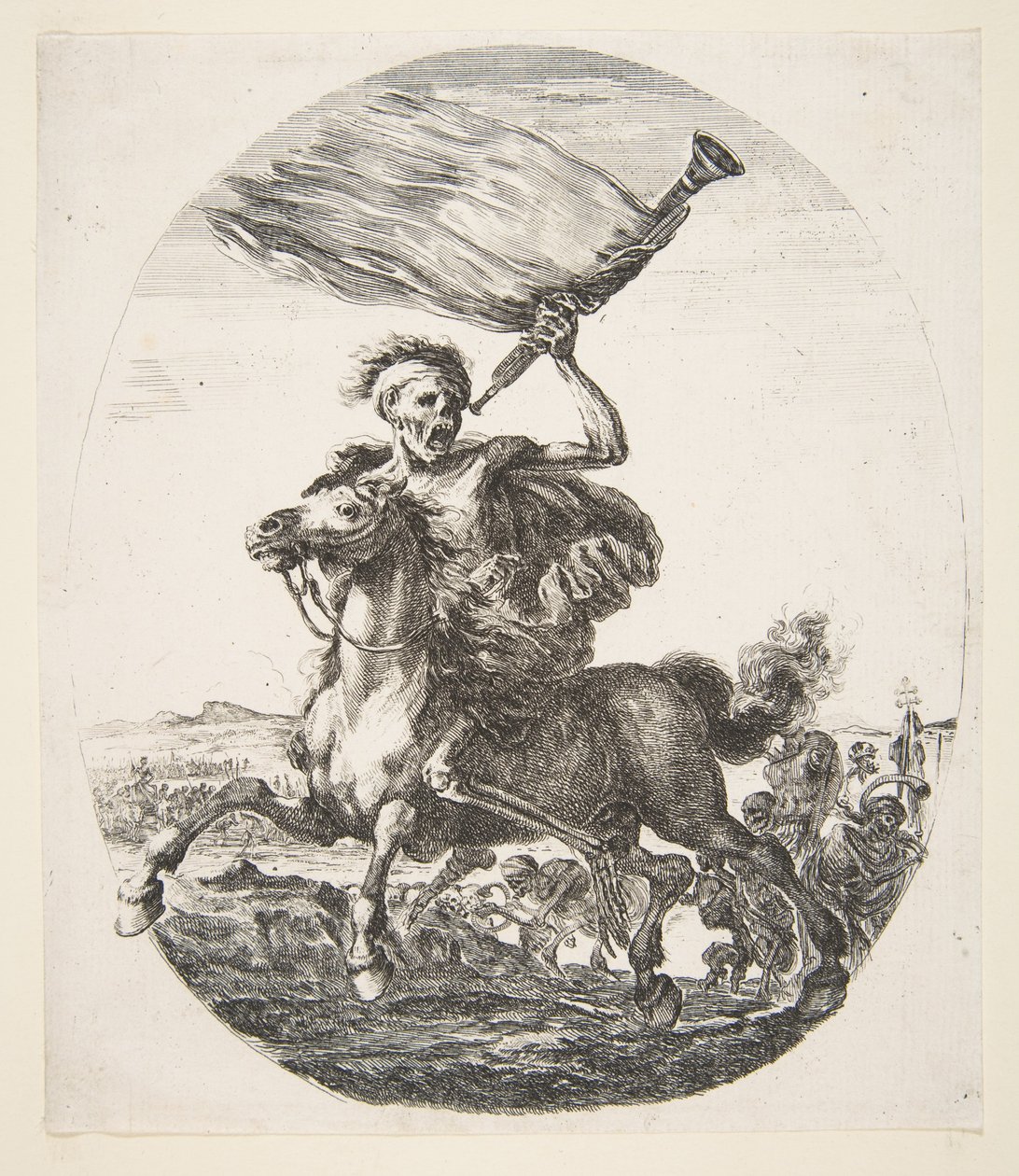 Kuolema hevosen selässä trumpetti kädessään, viidestä kuolemasta Les cinq Morts, n. 1648. tekijältä Stefano della Bella