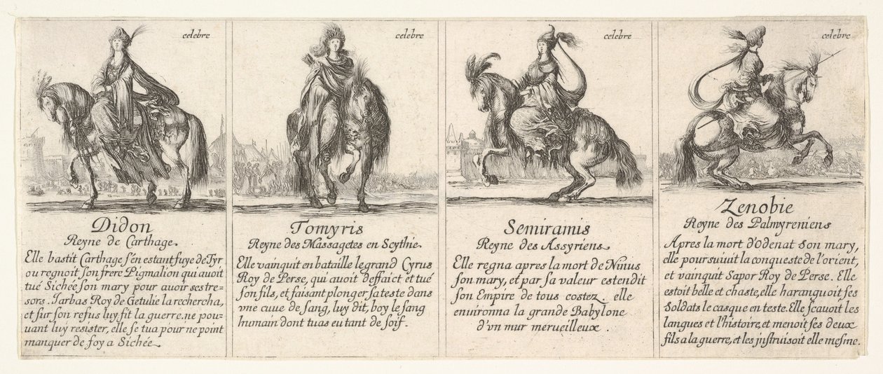 Dido, Tomyris, Semiramis ja Zenobie elokuvasta The game of Queens tekijältä Stefano della Bella