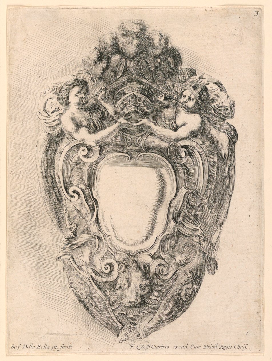 Escutcheon, No. 3 kokoelmasta "Erilaisten mielijohteiden kokoelma ja yhdeksän kansioiden ja koristeiden keksintöä" tekijältä Stefano della Bella
