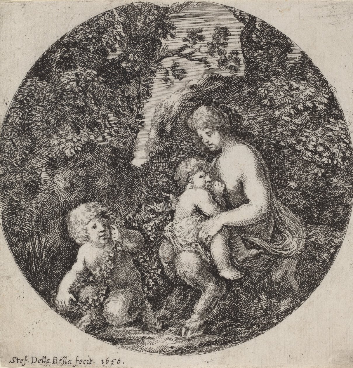 Naissatyyri imettää lasta metsäisessä maisemassa, 1656. tekijältä Stefano della Bella