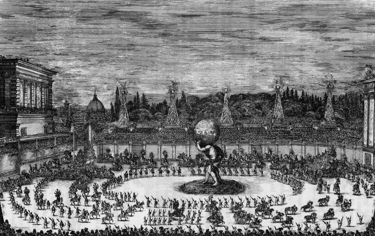 Fete a Firenze 1600-luvulla "" Il mondo fizzante -kirjassa. Balettia hevosen selässä tehty teatterissa, joka on yhteydessä Palazzo del Serenissiin. Suurherttua Toscanan seesteisimpien prinssien Cosimo Terzon ja Margherita Luisa d