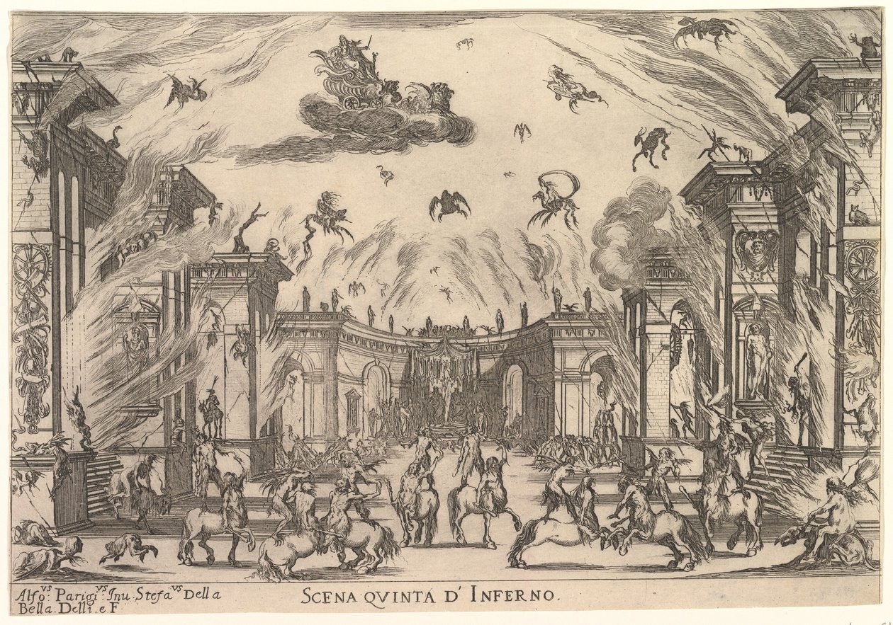 Viides kohtaus, Inferno, jumalten häät Le nozze degli Dei, 1637. tekijältä Stefano della Bella