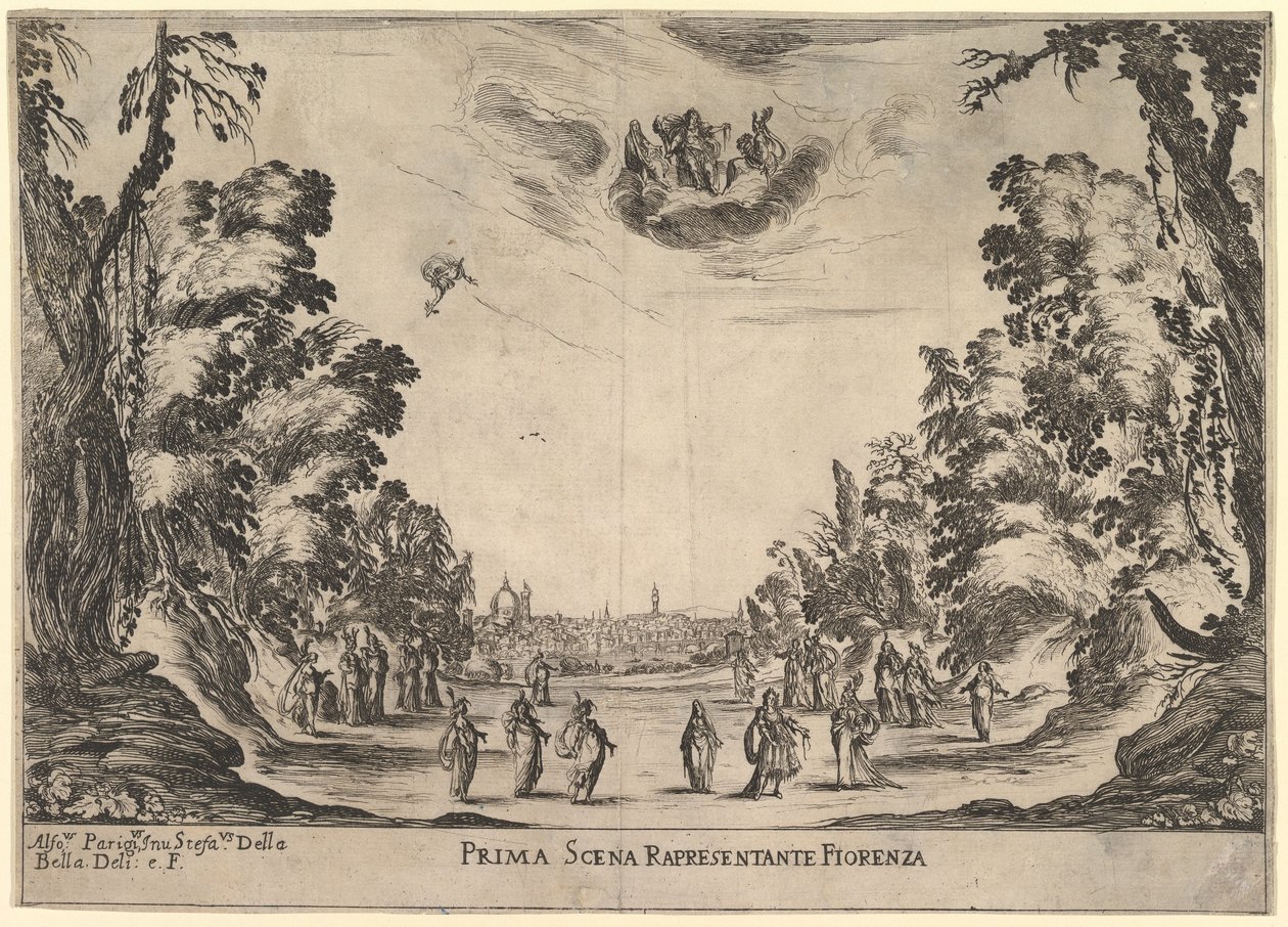 Ensimmäinen kohtaus Firenzessä jumalten häät Le nozze degli Dei, 1637. tekijältä Stefano della Bella
