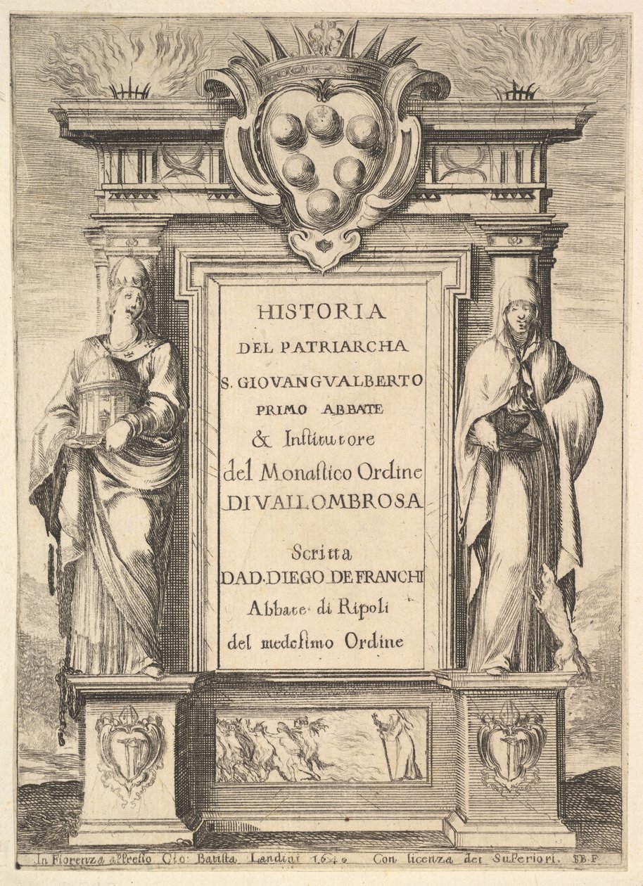 Etutaulu: Medici-vaakunalla koristeltu monumentti ylhäällä keskellä, liekit..., 1640. tekijältä Stefano della Bella