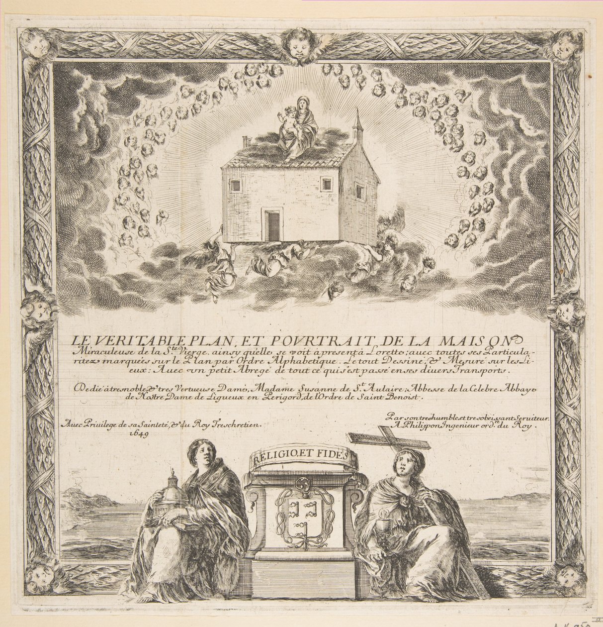 Frontispiece teokselle The True Plan ja Portrait of the House of Ste. Neitsyt, 1649. tekijältä Stefano della Bella