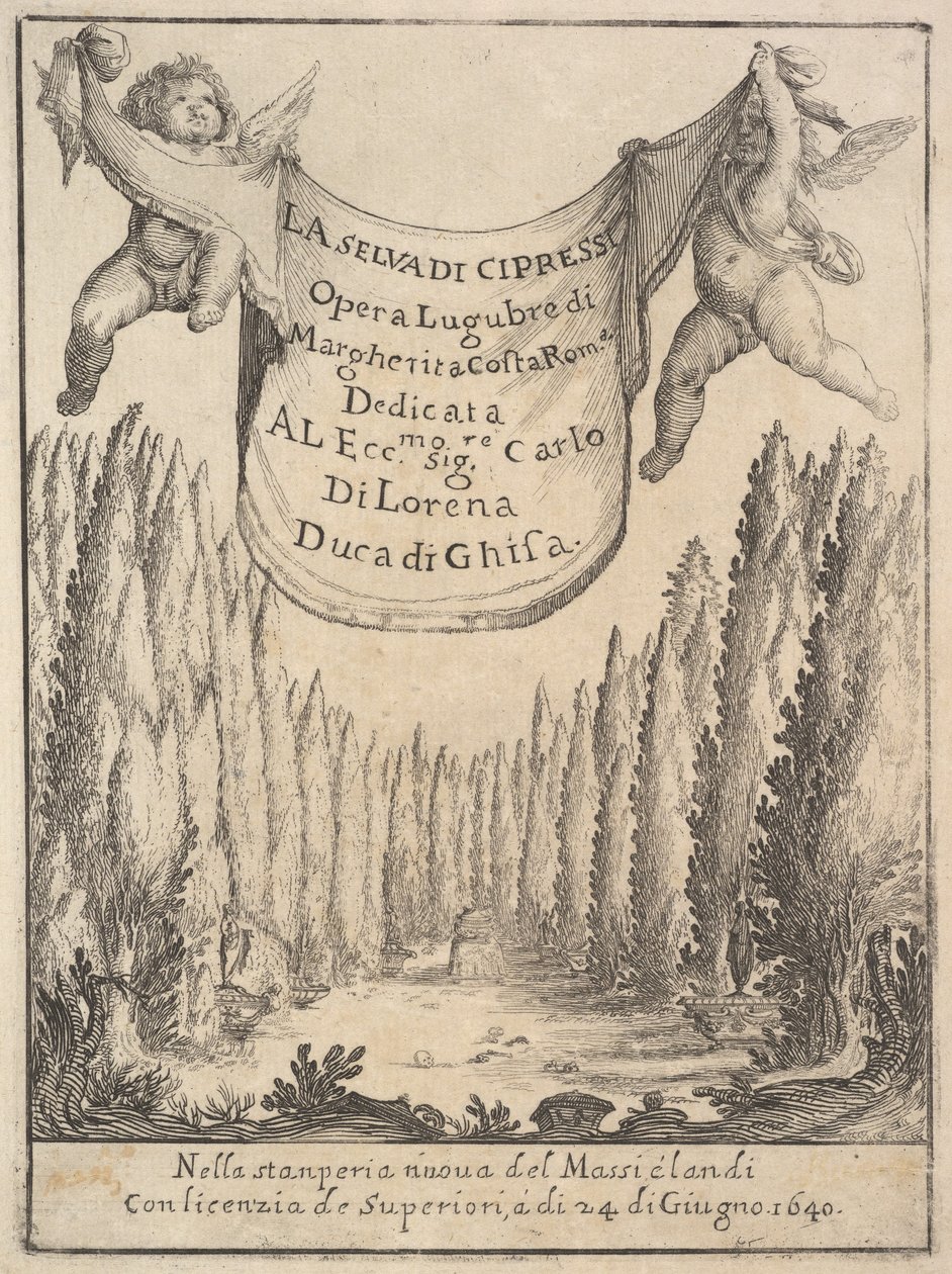 Sypressimetsän etupuoli La selva di cipressi: kaksi puttia pitelevät kuvakudosta vuonna 1640. tekijältä Stefano della Bella