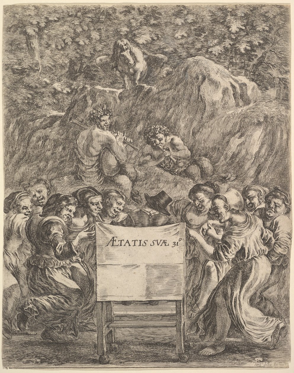 Scarronin teosten etukappale uvres de Scarron, tuolissa istuva runoilija..., 1649. tekijältä Stefano della Bella