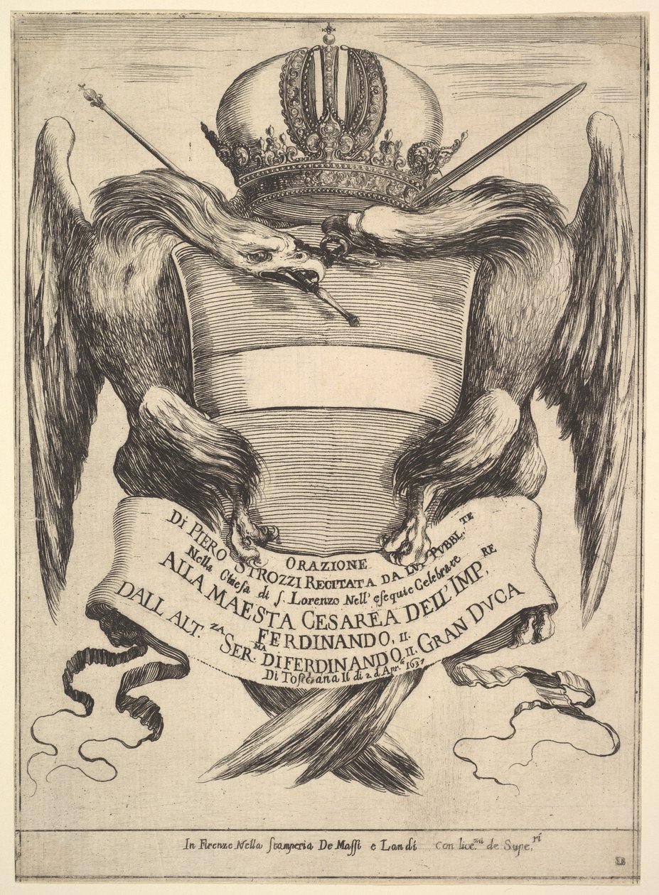 Keisari Ferdinand II:n hautajaisten Esequie dellimmperadore Ferdinando..., 1637 esikuva. tekijältä Stefano della Bella