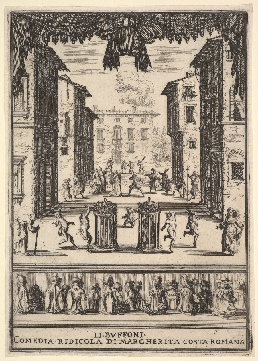 Etukappale komediaan The Buffoons Li Buffoni, lavalle asetettu pu..., 1639-41. tekijältä Stefano della Bella