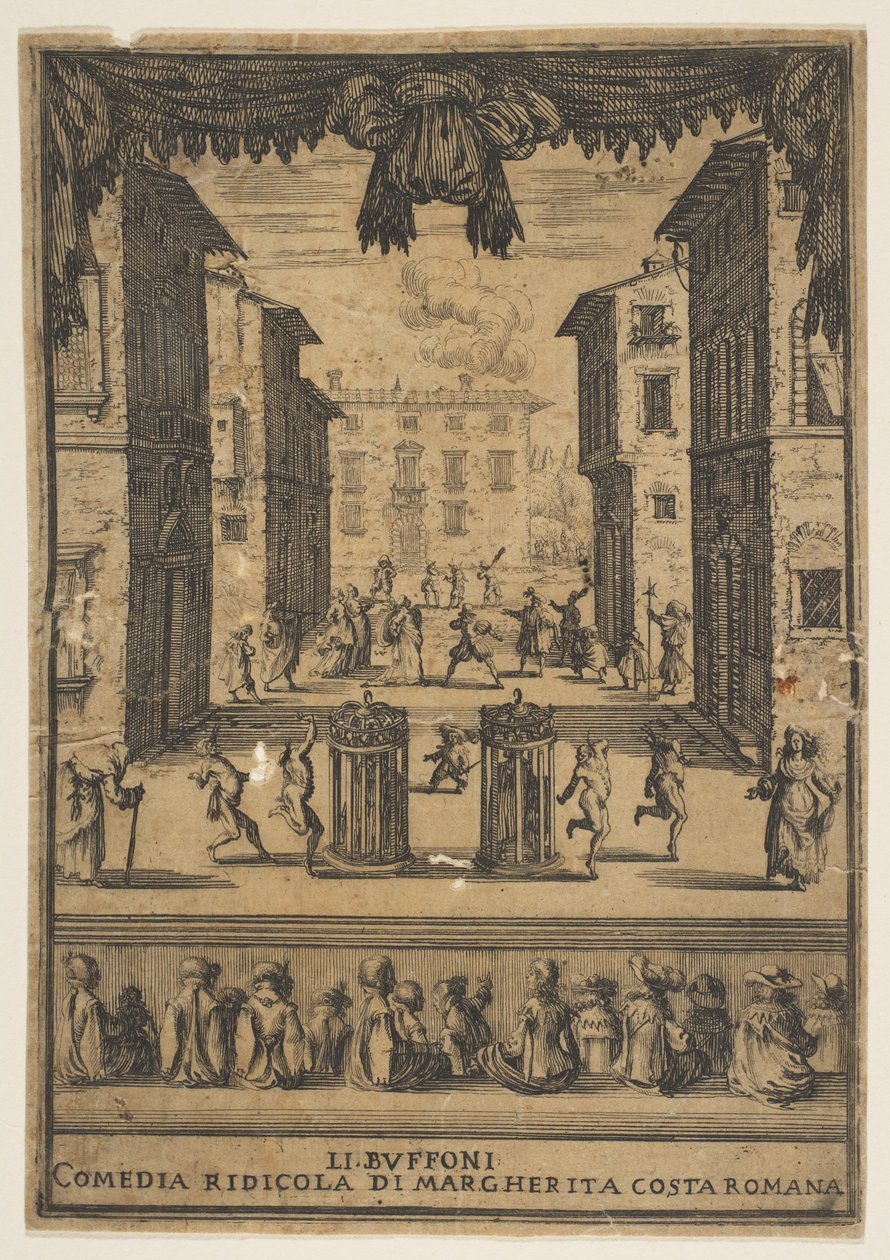 Etukappale komediaan The Buffoons Li Buffoni, lavalle asetettu p..., noin. 1639. tekijältä Stefano della Bella