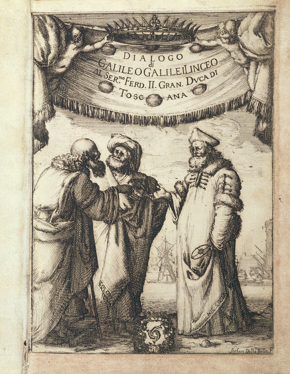 Galileo (vasemmalla) keskustelee Ptolemaioksen (keskellä) ja Kopernikuksen kanssa, kuvitettu etukappale teoksista Dialogo sopra i due Massimi Sistemi del Mondo, Tolemaico e Copernicano (Vuoropuhelu kahdesta tärkeimmästä maailmanjärjestelmästä, Ptolemaiokse tekijältä Stefano della Bella