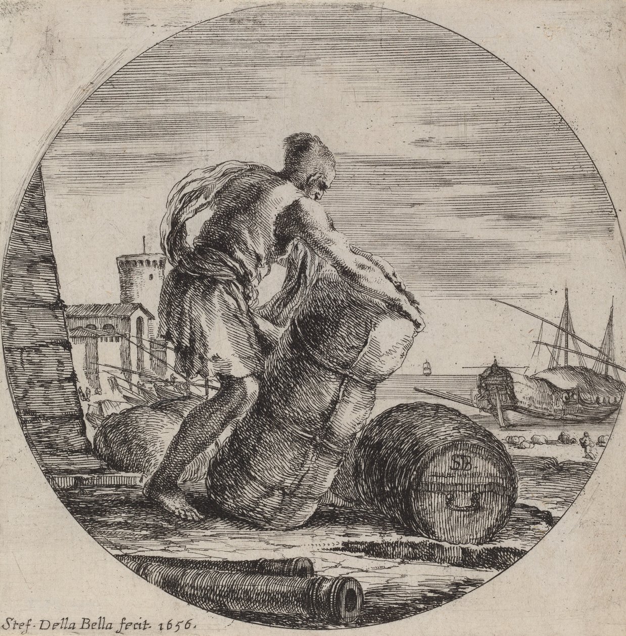 Laivan rahtia kuljettava keittiöorja, 1656. tekijältä Stefano della Bella