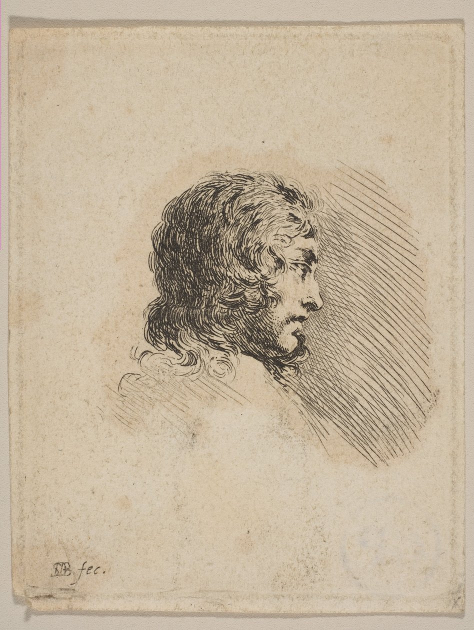 Nuoren miehen pää profiilissa, eri muotokuvista Recueil de Diverses Pieces S..., ca. 1647. tekijältä Stefano della Bella