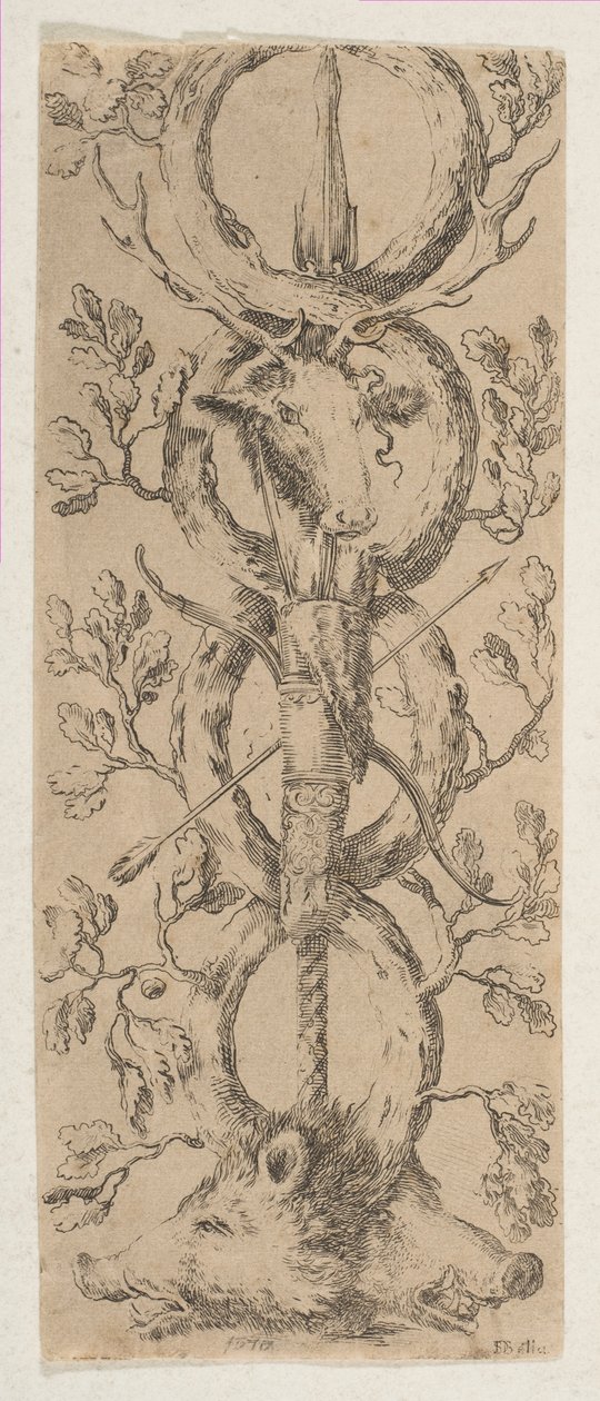 Hirven ja kahden villisian päät Rinceaux of Oak Branchesissa, n. 1653. tekijältä Stefano della Bella