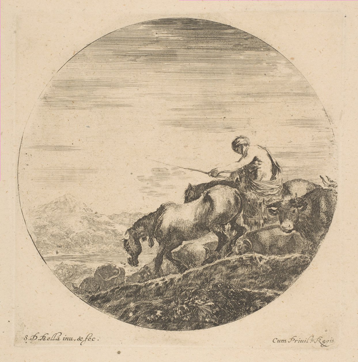 Herdsman on Horseback ajaa eläimiä, n. 1646. tekijältä Stefano della Bella