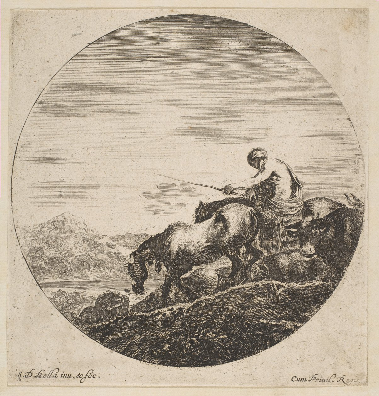 Paimen ratsain ajaa eläimiä, Kuudesta eläinkohteesta Six sujets danimaux, ca. 1646. tekijältä Stefano della Bella