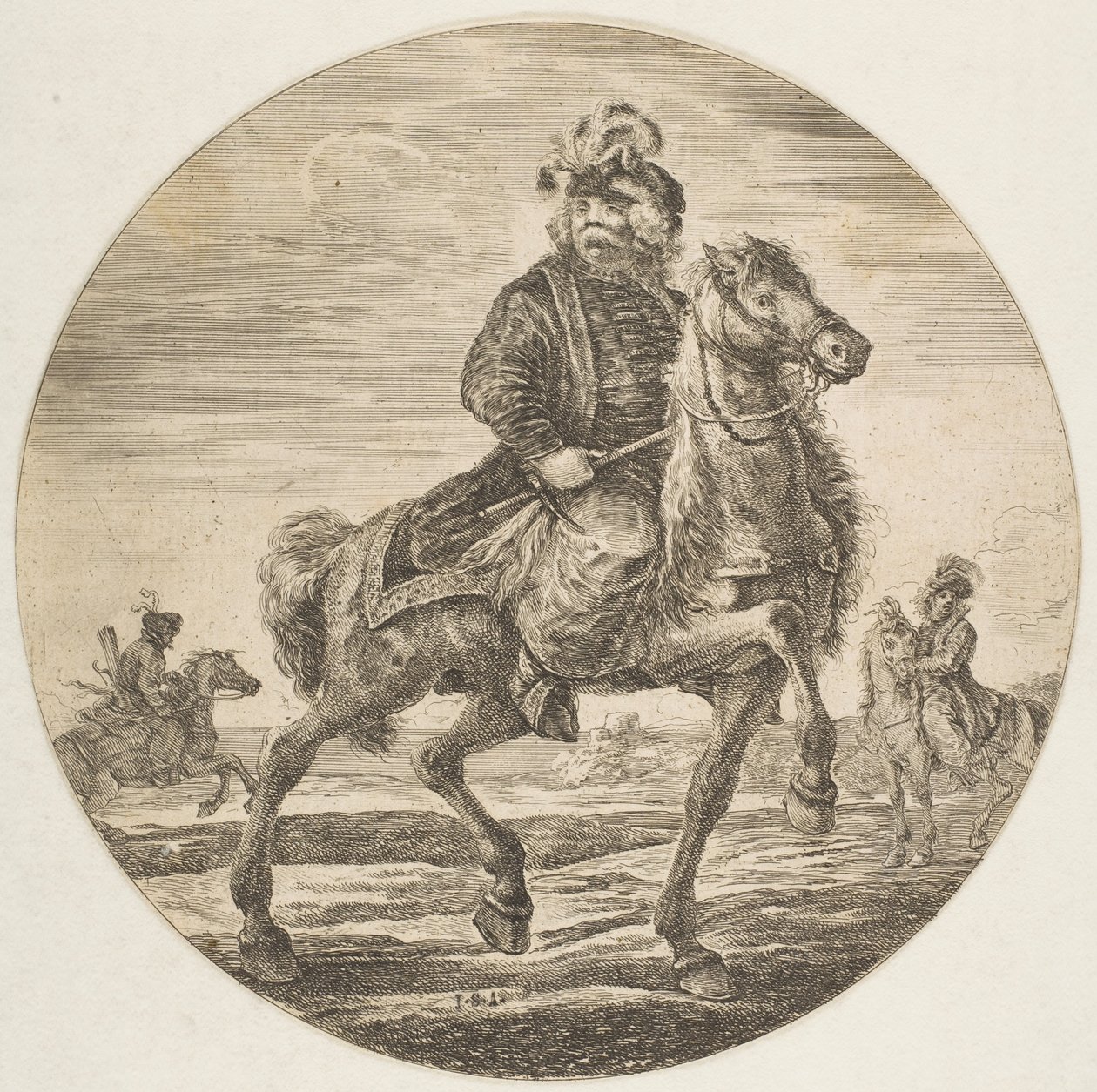 Unkarilainen ratsastaja ratsastaa oikealle, taustalla muut hevosmiehet, sirkus..., n. 1651. tekijältä Stefano della Bella