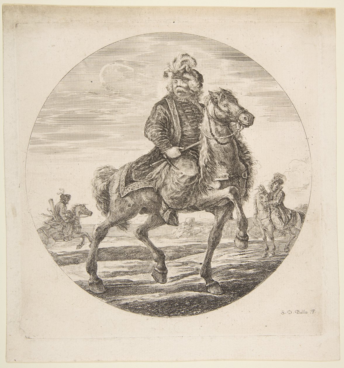 Unkarilainen ratsastaja ratsastaa oikealle, taustalla muut hevosmiehet, sirkus..., n. 1651. tekijältä Stefano della Bella