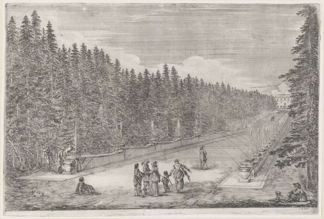 Neliö suihkulähteineen Villa Pratolinon puutarhassa Villa Pratolino (sarjan nimi) Vues de la villa de Pratolino (sarjan nimi) tekijältä Stefano della Bella