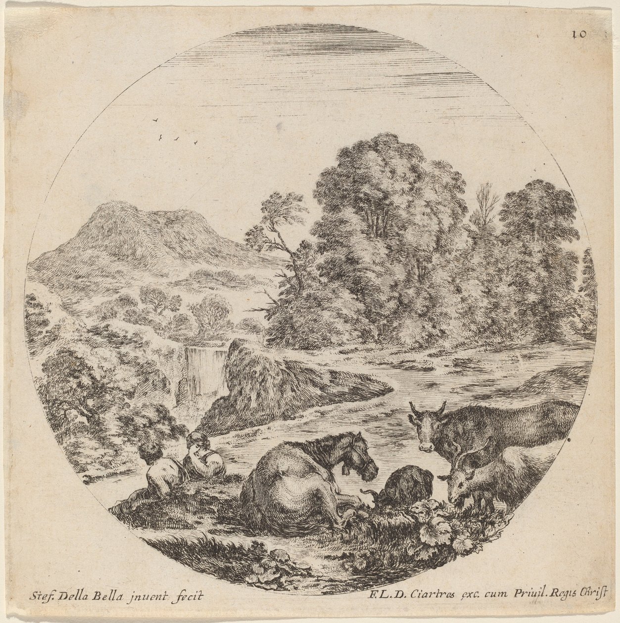 Maisema eläinten ja kahden istuvan paimenen kanssa, 1646. tekijältä Stefano della Bella