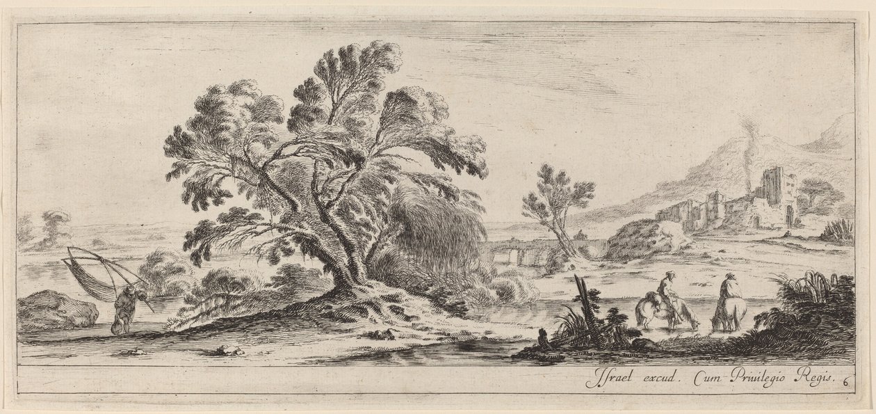 Maisema, jossa kalastaja kantaa verkkoaan vuonna 1647 tai sitä ennen. tekijältä Stefano della Bella