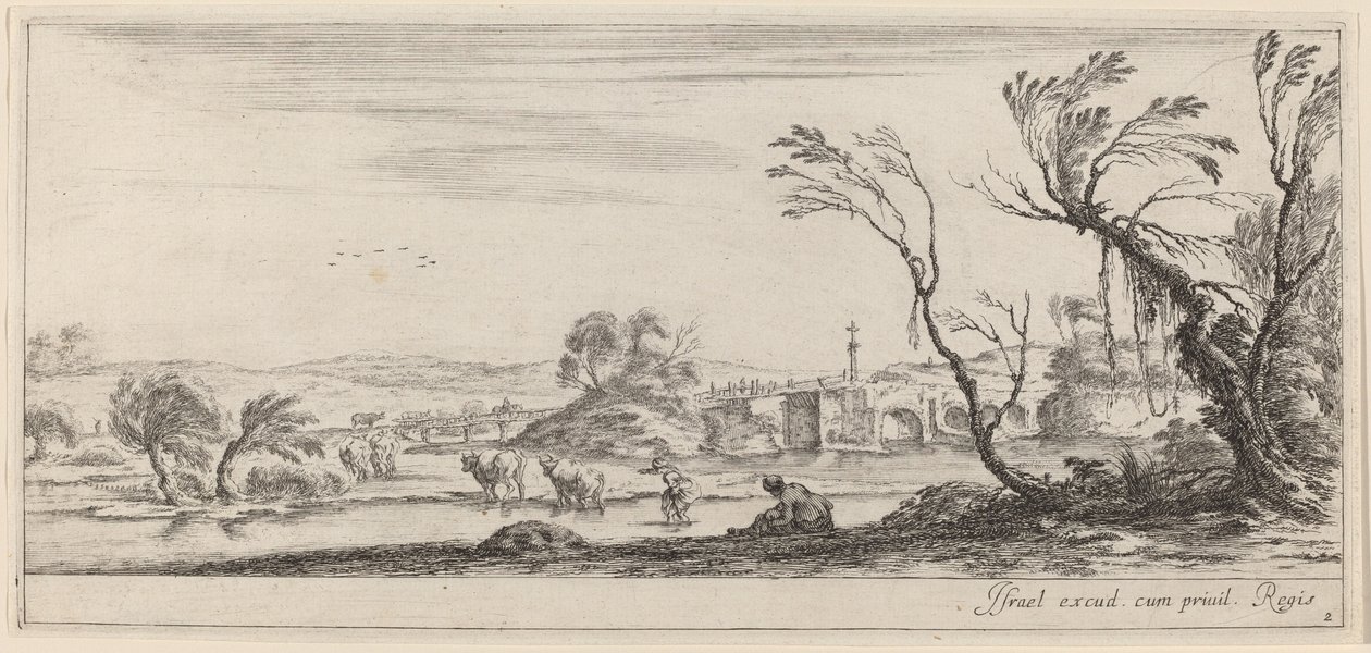 Maisema, jossa talonpoika valmistautuu ylittämään puron vuonna 1647 tai sitä ennen. tekijältä Stefano della Bella