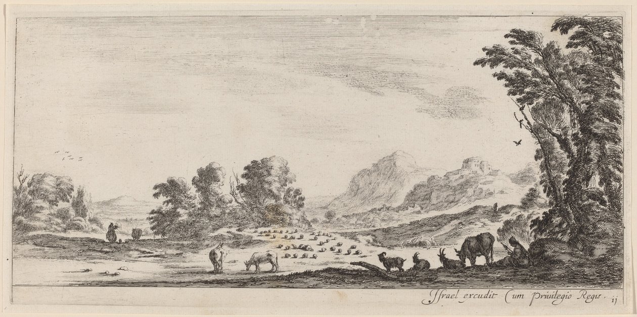 Maisema, jossa paimen vartioi laumaansa vuonna 1647 tai sitä ennen. tekijältä Stefano della Bella