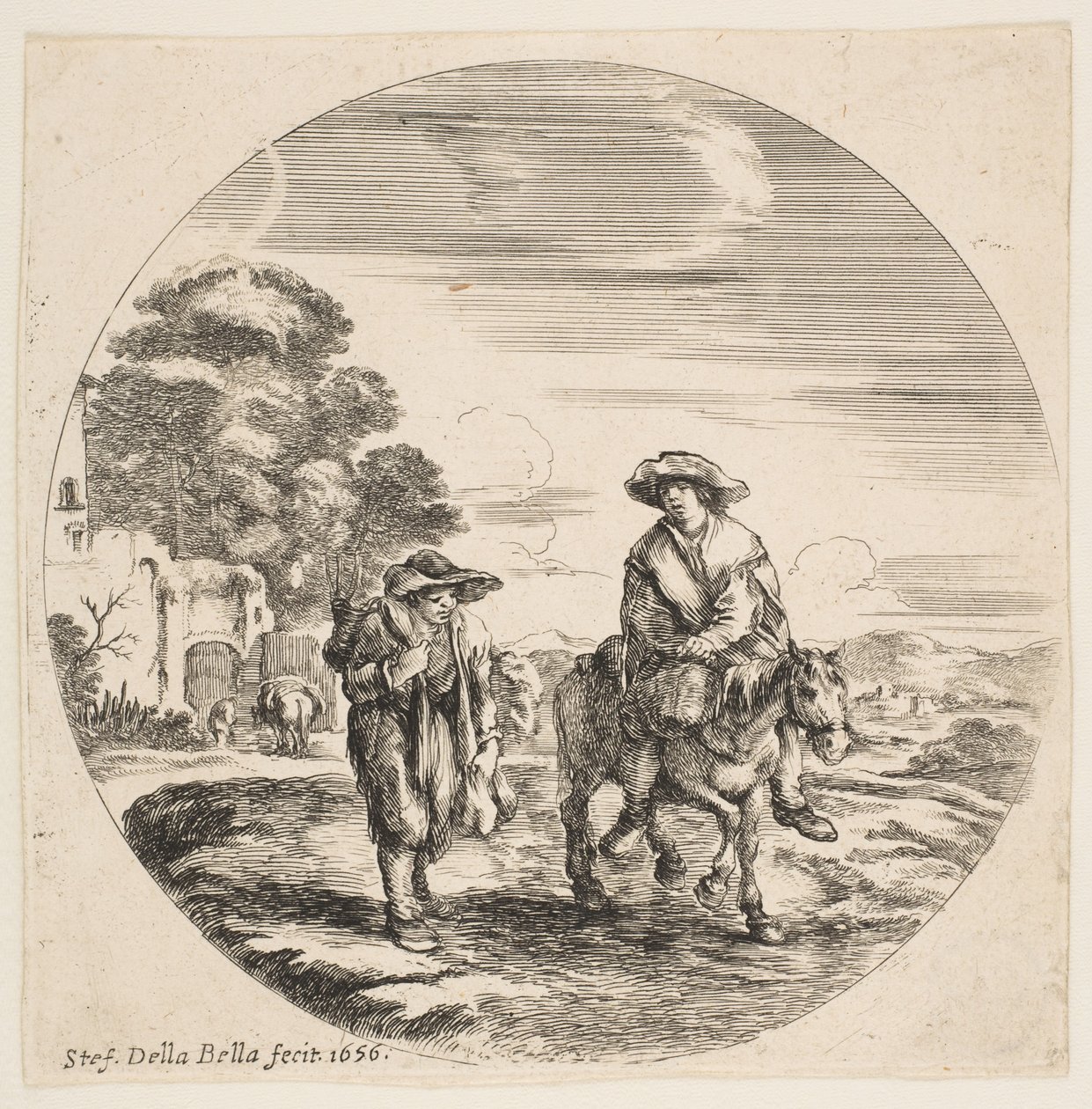 Maisema, jossa kaksi talonpoikaa, yksi ratsastaa, maisemista ja merisatamista Paysages..., 1656. tekijältä Stefano della Bella