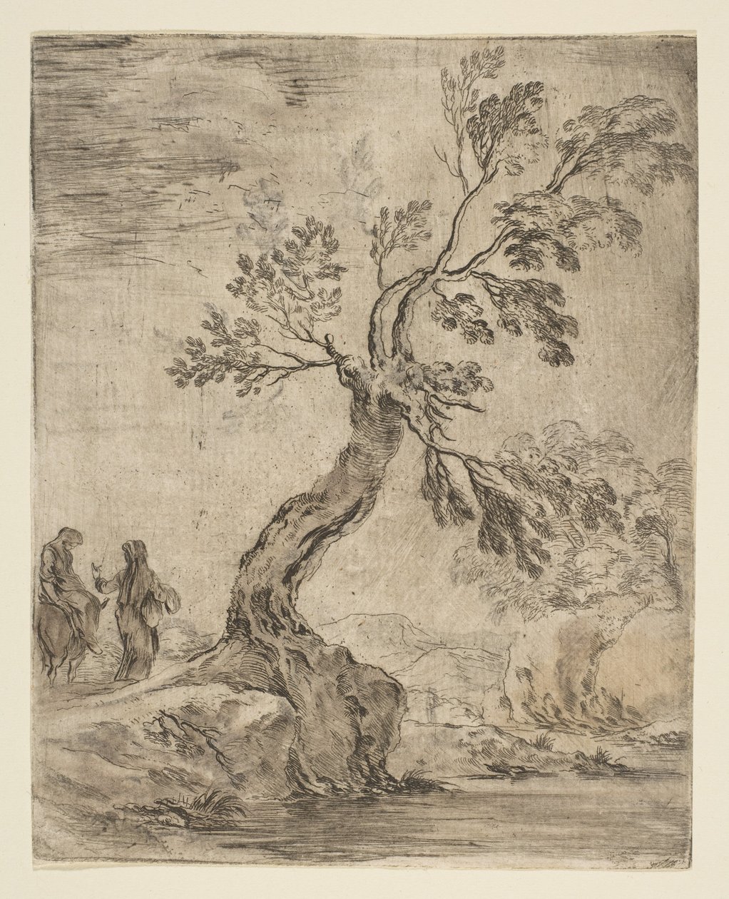 Maisema kahdella naisella, toinen aasin selässä, n. 1660. tekijältä Stefano della Bella