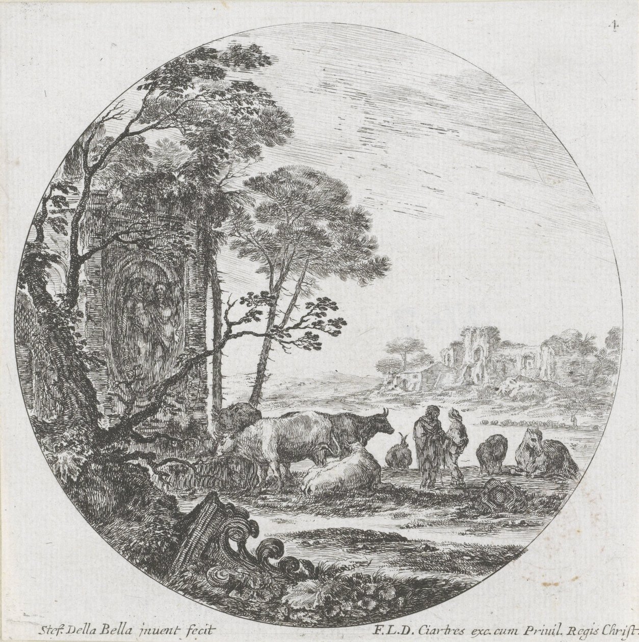 Maisema lauma ja korintin pääkaupunki Maisemat ja rauniot Roomassa (sarjan nimi) Paysages et Ruines de Rome (sarjan nimi) tekijältä Stefano della Bella