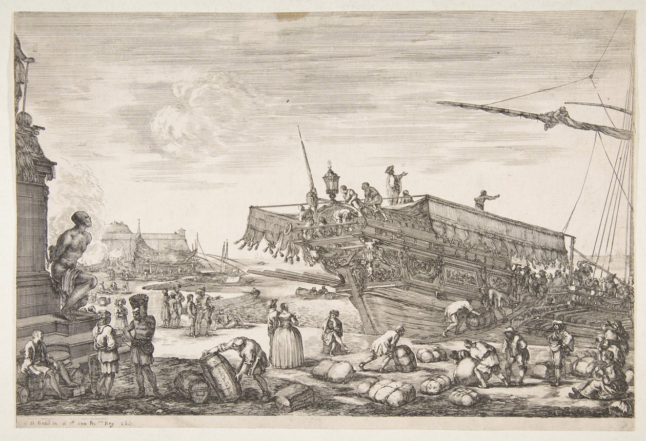Ladataan keittiötä Livornon sataman näkymistä Vues du port de Livourne, 1654-55. tekijältä Stefano della Bella