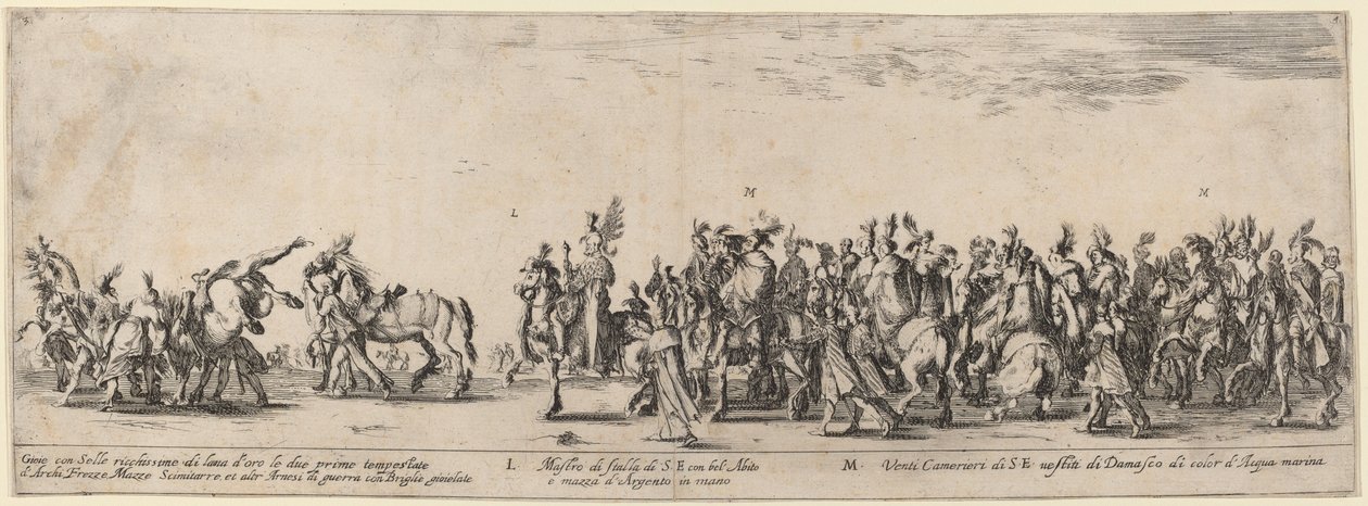 Hänen ylhäisyytensä tallimestari ja kaksikymmentä palvelijaa, 1633. tekijältä Stefano della Bella