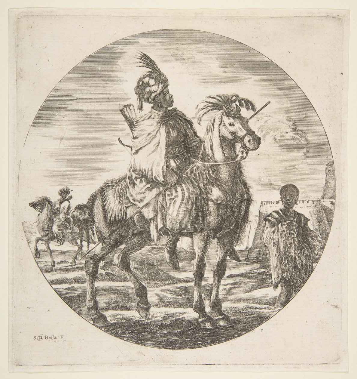 Maurilainen ratsumies profiilissa oikealle, musta orja turkista oikealla, toinen..., n. 1651. tekijältä Stefano della Bella