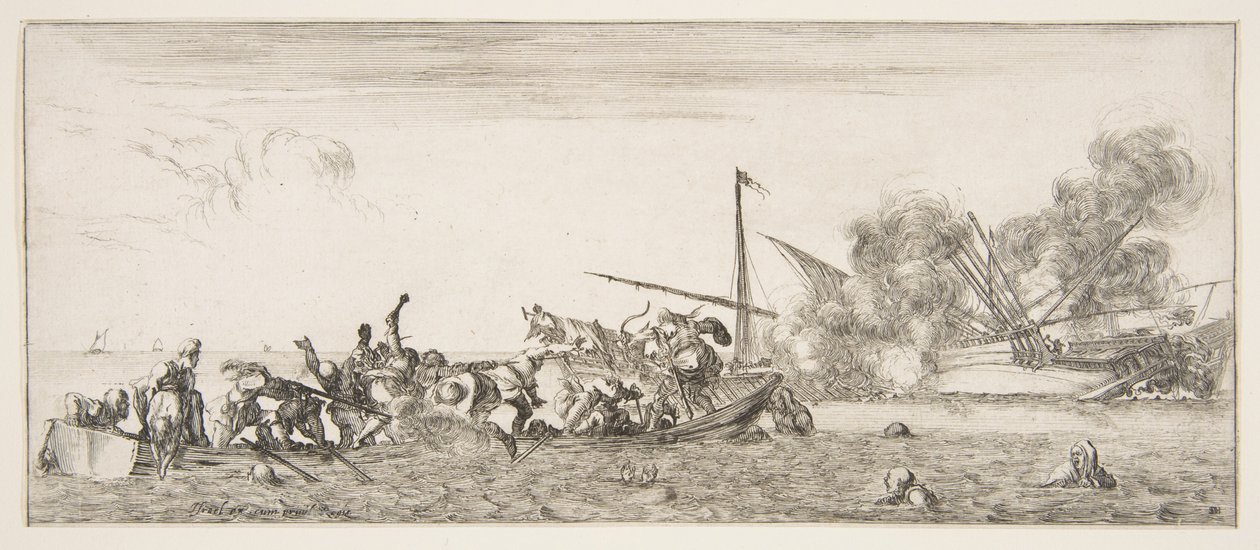 Meritaistelu, soutuvene täynnä ihmisiä, jotka taistelevat muskettien kanssa vasemmalle, ihmiset hukkuvat..., n. 1641. tekijältä Stefano della Bella