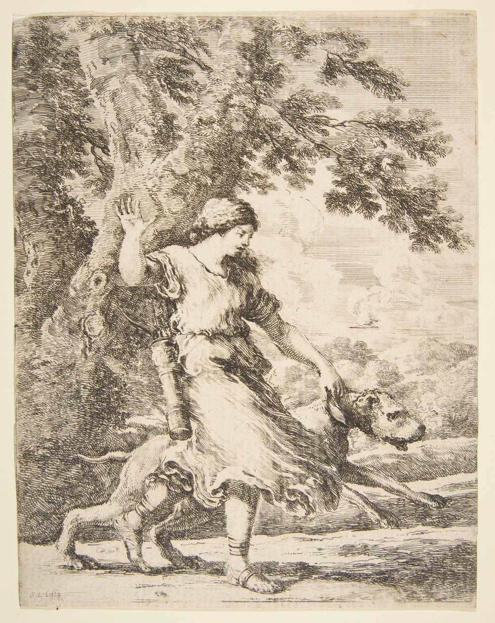 Nymfi pitelee suurta koiraa kaulapannasta, n. 1654. tekijältä Stefano della Bella