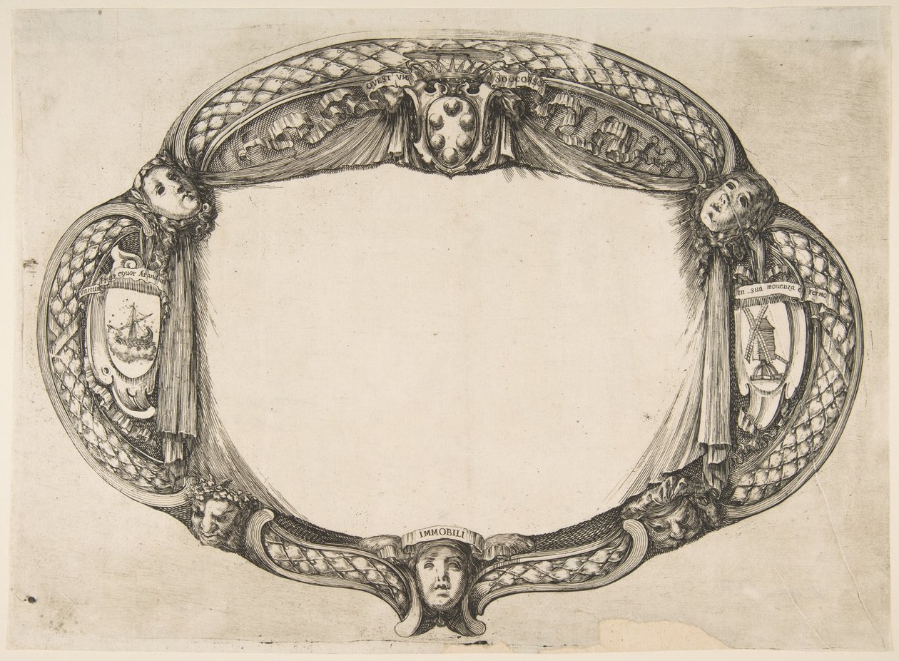 Ornamenttisuunnittelu laitteen opinnäytetyölle: Quest un soccorso, ca. 1656. tekijältä Stefano della Bella