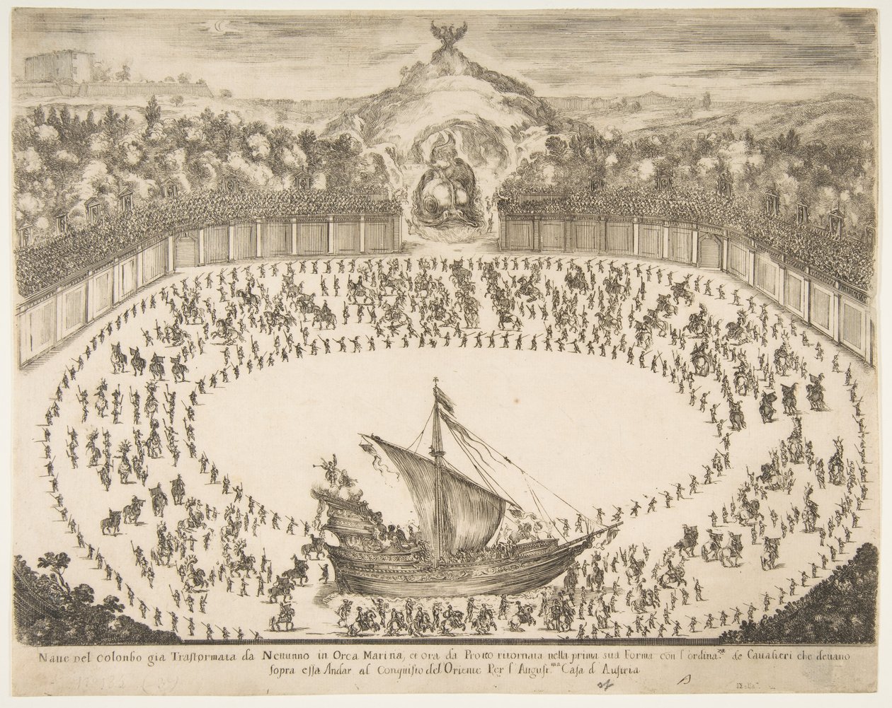 Laivan muotoinen paraatikelluke, Modenan suurherttua vaakuna ylhäällä, 1652. tekijältä Stefano della Bella