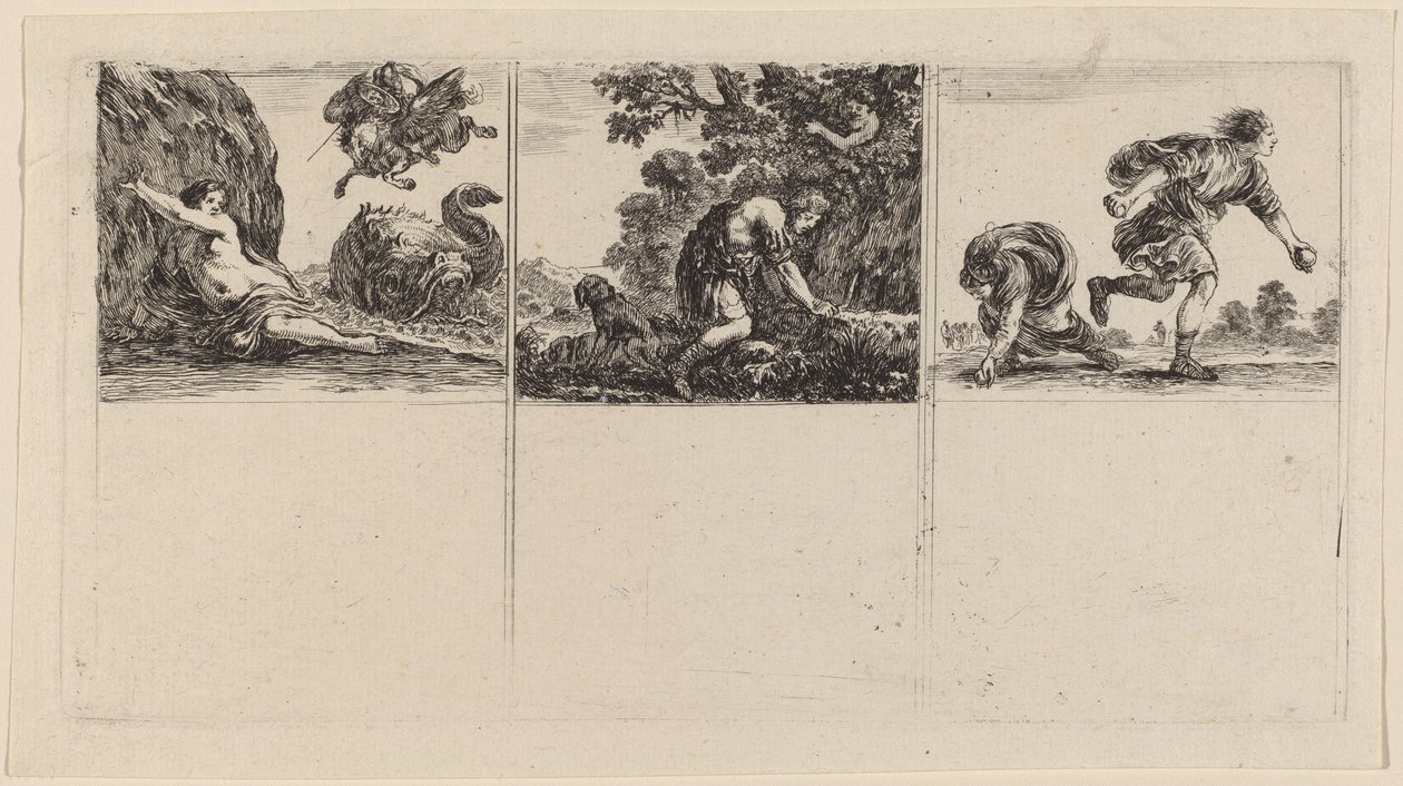 Perseus ja Andromeda, Kefalos ja Prokris, Hippomene ja Atalantus, 1644. tekijältä Stefano della Bella
