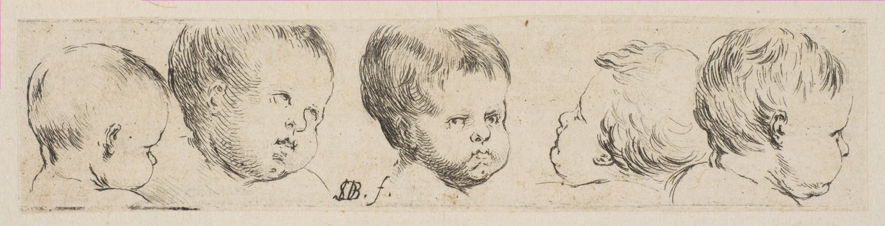 Levy 10: Five Heads of Children, kokoelmasta erilaisia doodle- ja etsausproo..., n. 1646. tekijältä Stefano della Bella