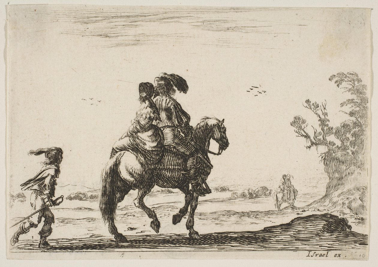 Kilpi 10: ratsasmies ja nainen takaa katsottuna, ratsastavat oikealle nuoren..., 1642. tekijältä Stefano della Bella