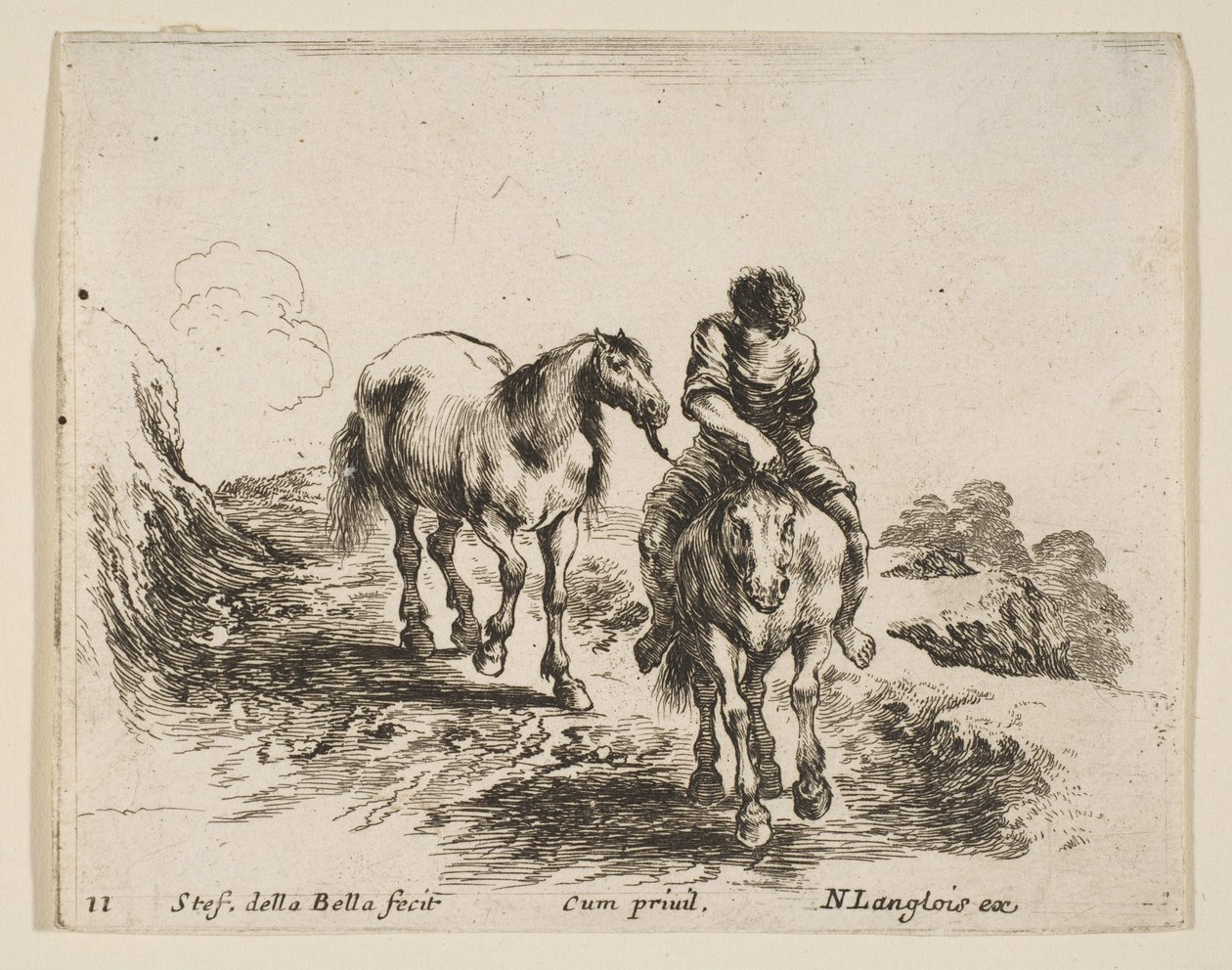 Levy 11: Nuori ratsumies edestä katsottuna, vetämässä toista hevosta, Diverilta..., n. 1644-47. tekijältä Stefano della Bella