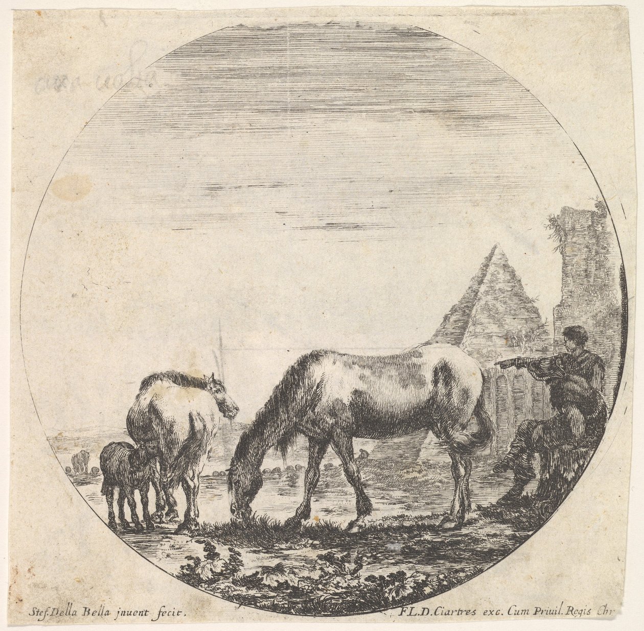 Levy 11: Caius Cestiuksen pyramidi oikealla taustalla, hevonen laiduntelee..., n. 1643-48. tekijältä Stefano della Bella
