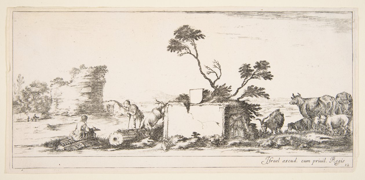 Levy 12: istuva piirtäjä vasemmalla, seisova paimen vieressään oikealla, raunio..., n. 1641. tekijältä Stefano della Bella