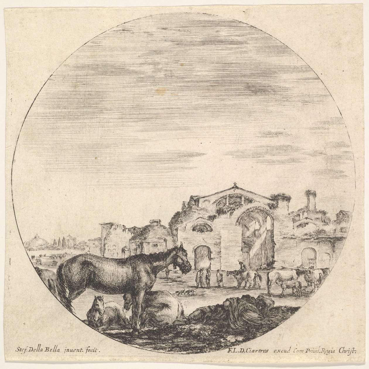 Levy 12: Paimen nukkuu maassa oikealla, kolme hevosta vasemmalla, muu h..., n. 1643-48. tekijältä Stefano della Bella