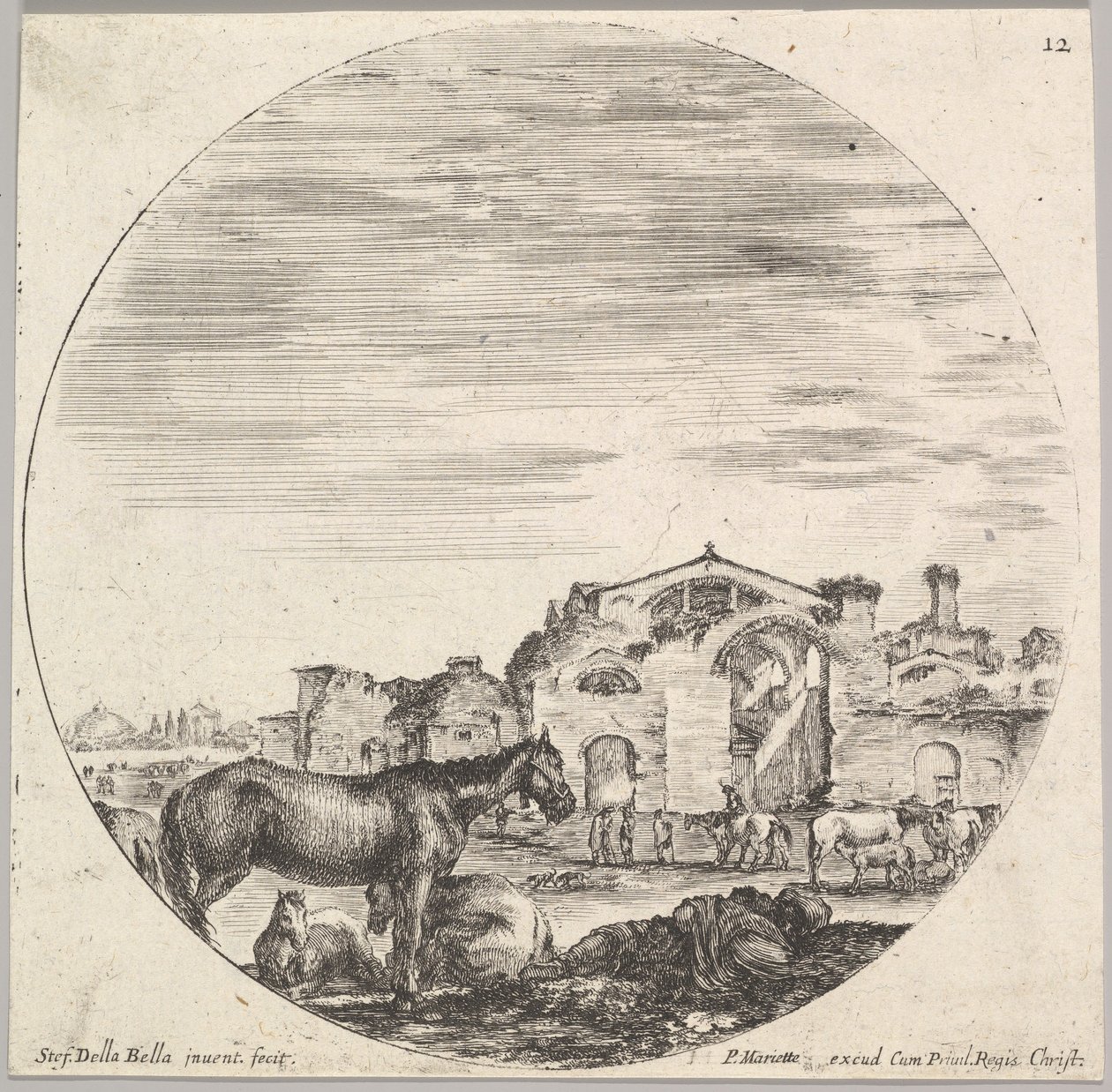 Levy 12: Paimen nukkuu maassa oikealla, kolme hevosta vasemmalla, muut h..., n. 1643-48. tekijältä Stefano della Bella