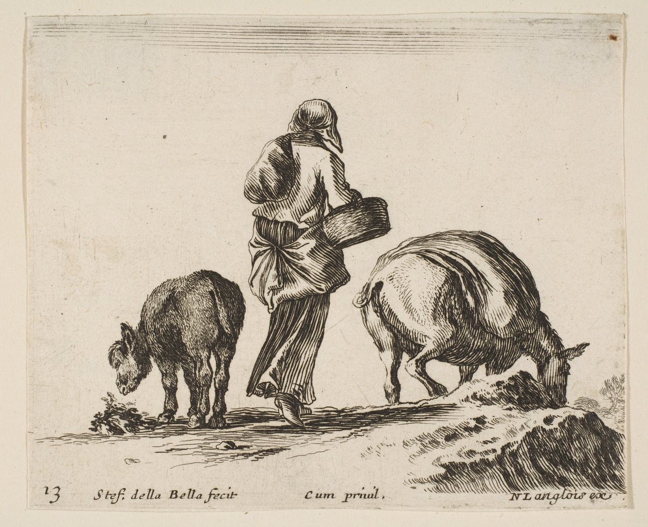 Levy 13: talonpoikanainen, takaa katsottuna, kädessään kori keskellä, aasi..., n. 1644-47. tekijältä Stefano della Bella