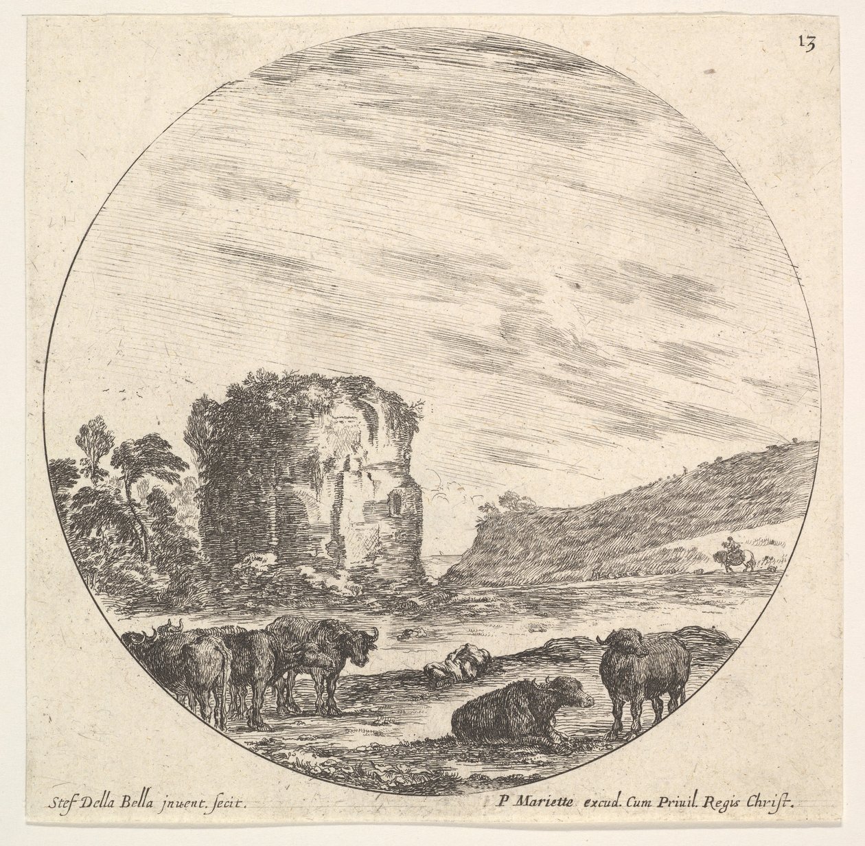 Taulu 13: taustalla muinaisen temppelin rauniot, lehmälauma etualalla..., n. 1643-48. tekijältä Stefano della Bella