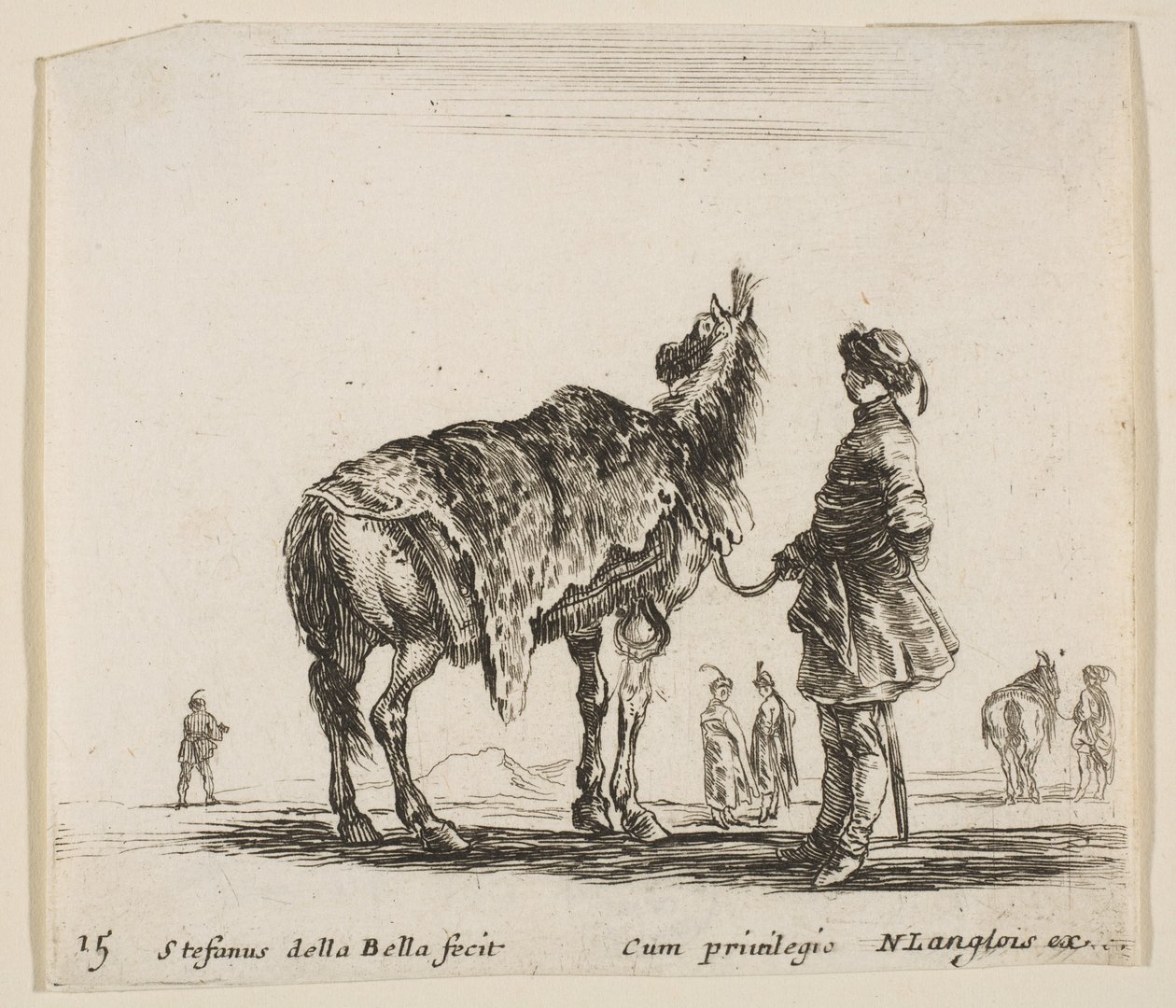 Levy 15: puolalainen aatelismies, kasvot poispäin, pitelee hevosta leopardinahka peitettynä..., n. 1644-47. tekijältä Stefano della Bella