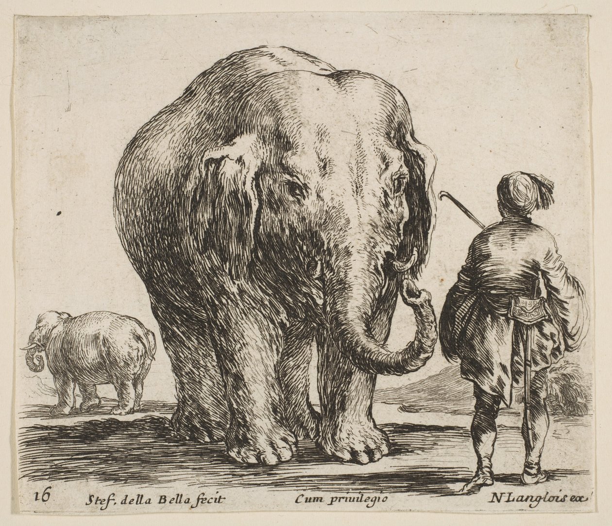Levy 16: elefantti keskellä, jonka mahout seisoo oikealla ja yllään Orient..., n. 1644-47. tekijältä Stefano della Bella