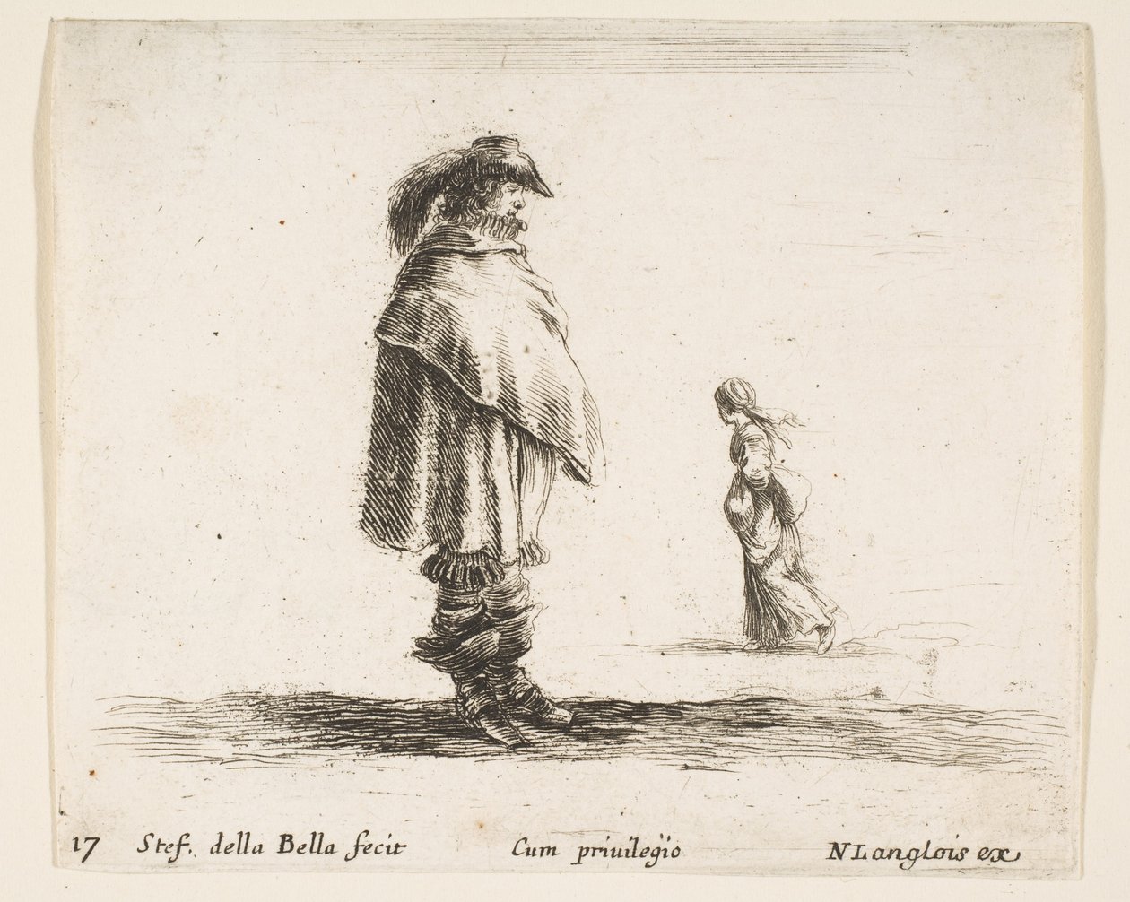 Kilpi 17: mies, jolla on hattu päällään keskellä oikealle, nainen kävelee kohti..., n. 1644-47. tekijältä Stefano della Bella